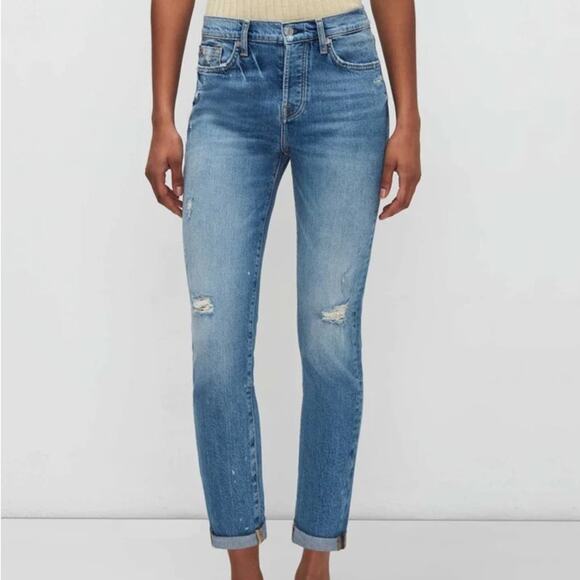 7 For All Mankind Blue Distressed Demin Josefina Boyfriend Skinny Jeans Size 27 - Picture 12 of 12